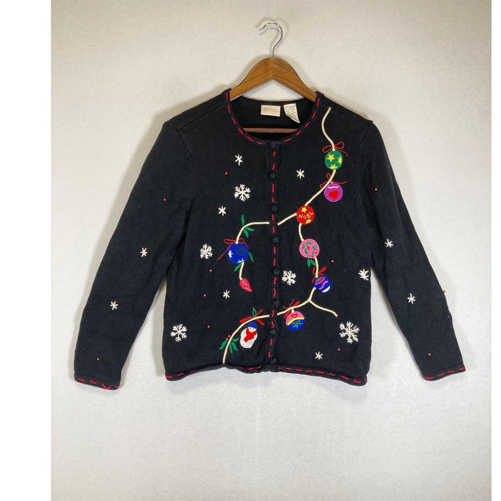 Holiday Festive Erika Womens Small Black Embroidered Christmas Ornament Cardigan